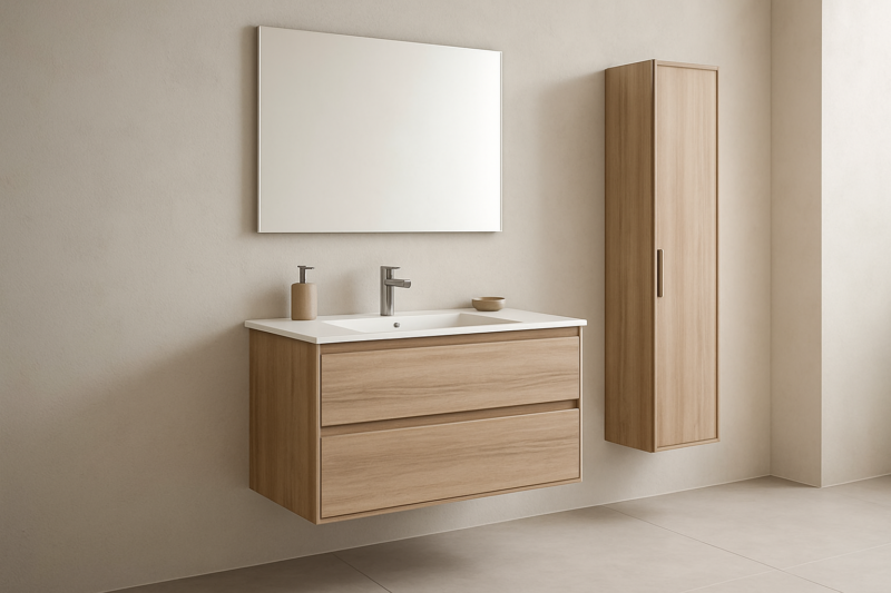 Mobile sospeso con cassetti e colonna per bagno piccolo