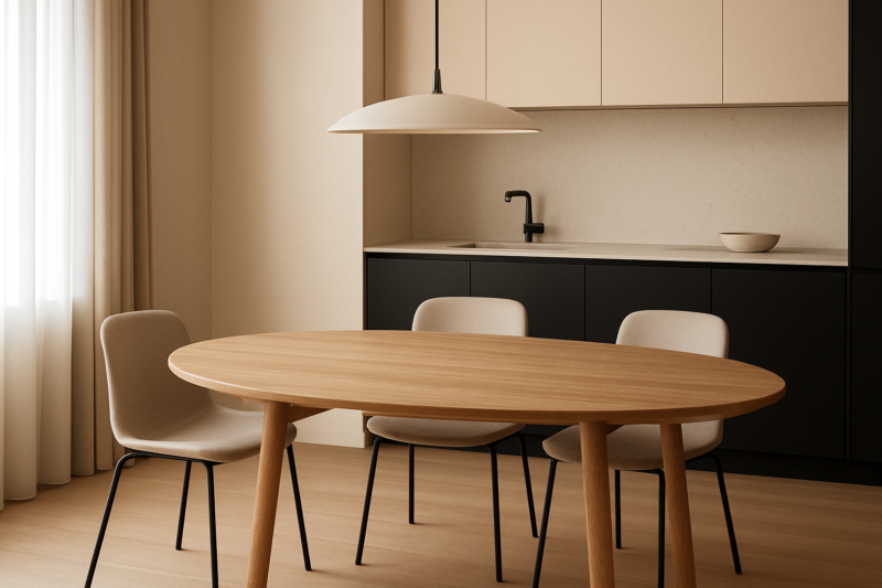 Zona pranzo con tavolo in legno e illuminazione moderna