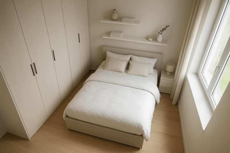 Esempio di camera da letto piccola arredata con soluzioni salvaspazio