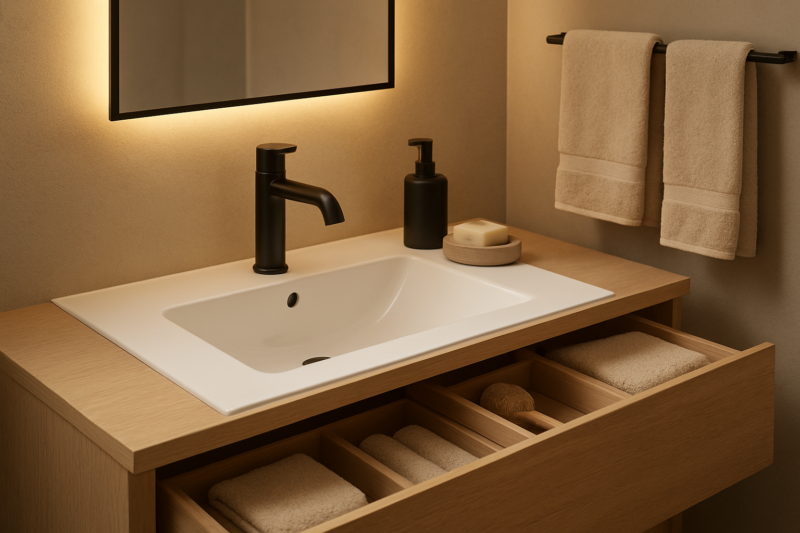 Dettagli funzionali per organizzare e illuminare il bagno