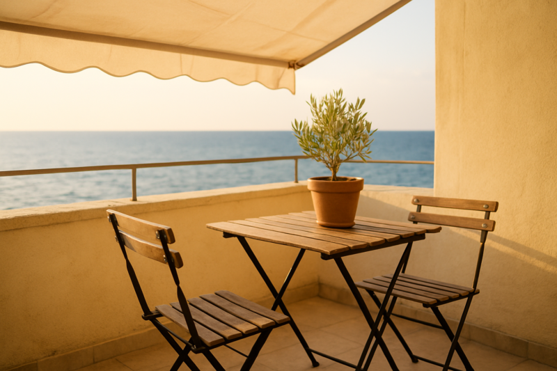 Terrazzo arredato con tavolo e sedie per una casa al mare