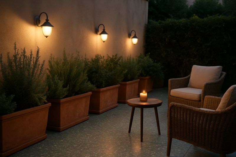Terrazzo con piante, fioriere e illuminazione da esterno