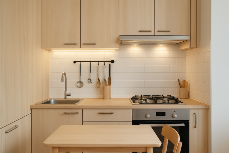 Piccola cucina organizzata con mobili chiari e illuminazione sotto pensile