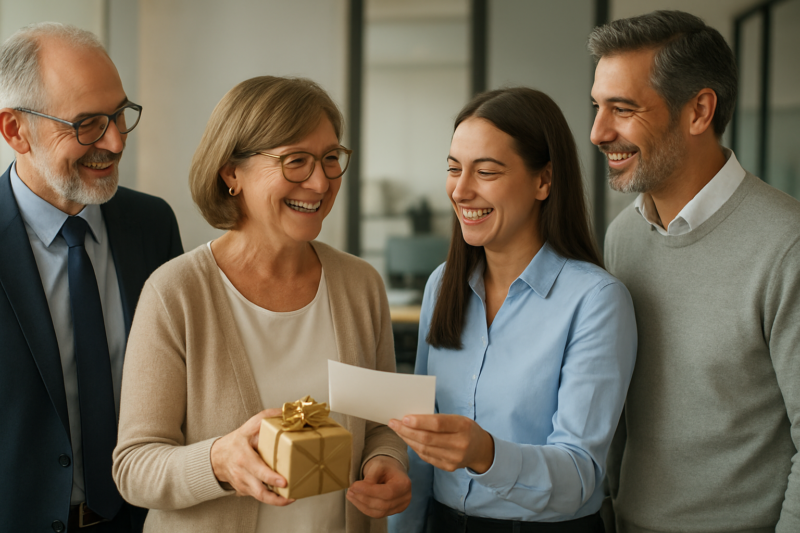 Colleghi consegnano un biglietto di auguri per la pensione