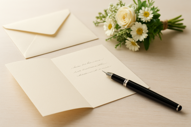 Biglietto di auguri per pensionamento con fiori e penna