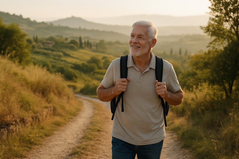 Persona in pensione durante una passeggiata all’aperto