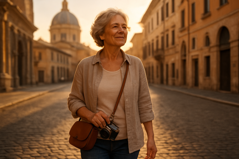 Pensionata durante un viaggio simbolo di tempo libero e nuovi progetti