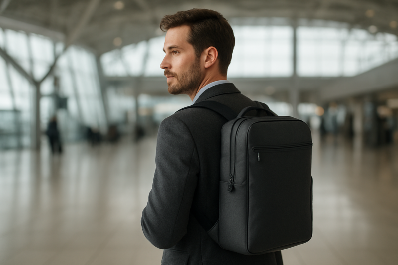 Viaggiatore con zaino convertibile da uomo in aeroporto