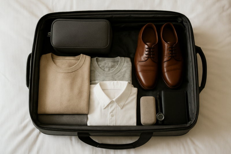 Interno organizzato di un borsone da viaggio uomo con scarpe e abiti