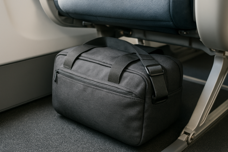 Borsone compatto da viaggio sistemato sotto il sedile di un aereo
