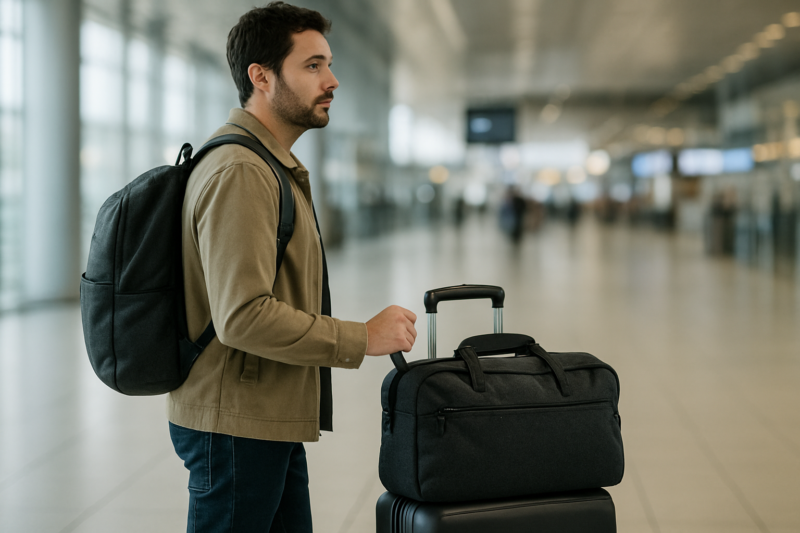 Borsone da viaggio compatto trasportato in aeroporto con trolley