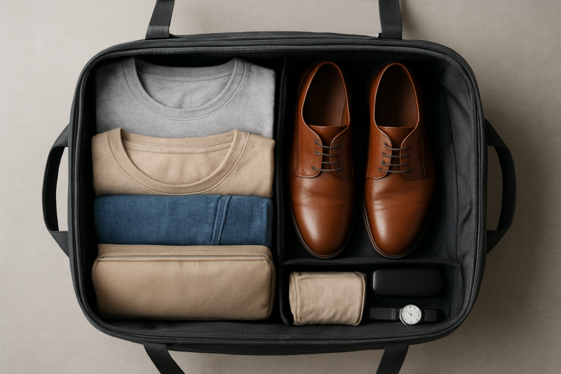 Interno organizzato di un borsone uomo viaggio con abiti e accessori