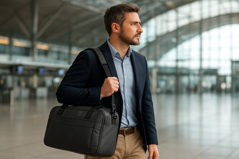 Viaggiatore con borsone uomo compatto in aeroporto