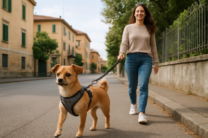 Cane di piccola taglia adottato durante una passeggiata al guinzaglio