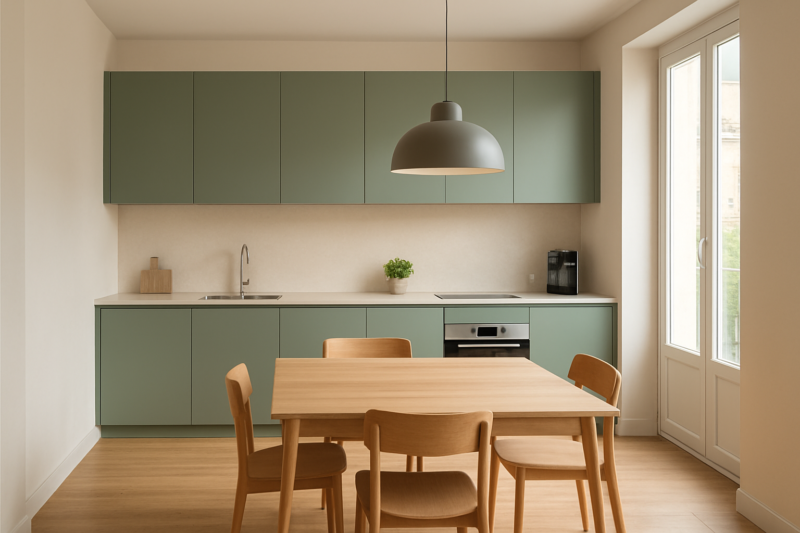 Cucina moderna open space con tavolo in legno e ante verde salvia