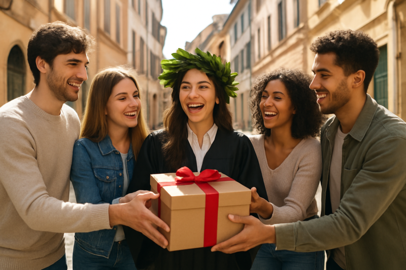 Amici consegnano un regalo di gruppo a una neolaureata