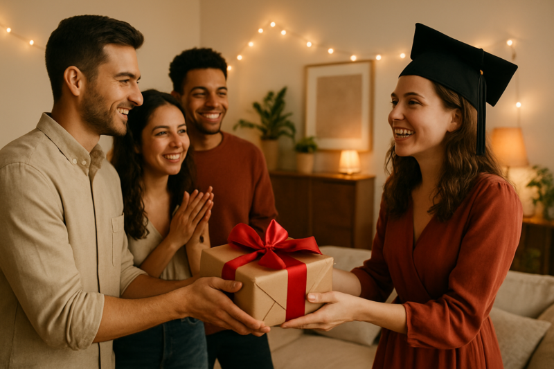 Amici consegnano un regalo di laurea a una neolaureata