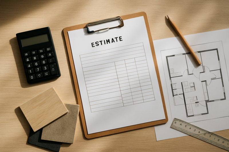 Preventivo per ristrutturazione casa con materiali e calcolatrice