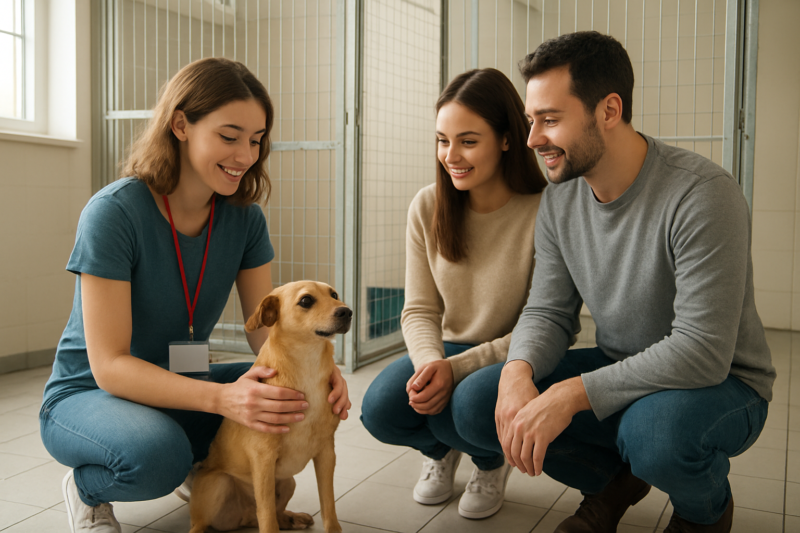 Incontro tra volontaria, coppia e piccolo cane in attesa di adozione