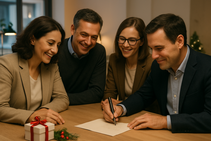 Colleghi firmano un biglietto di auguri per il pensionamento