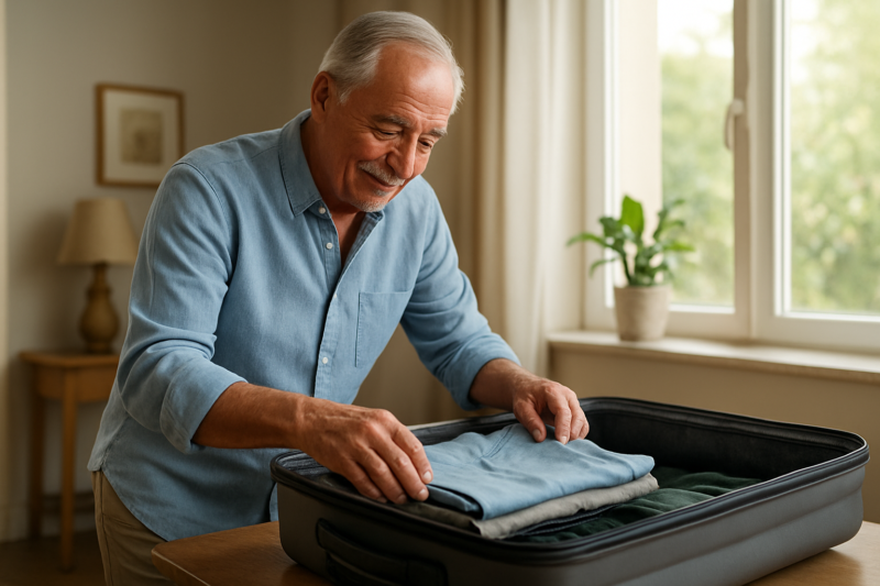 Pensionato prepara una valigia per un nuovo viaggio