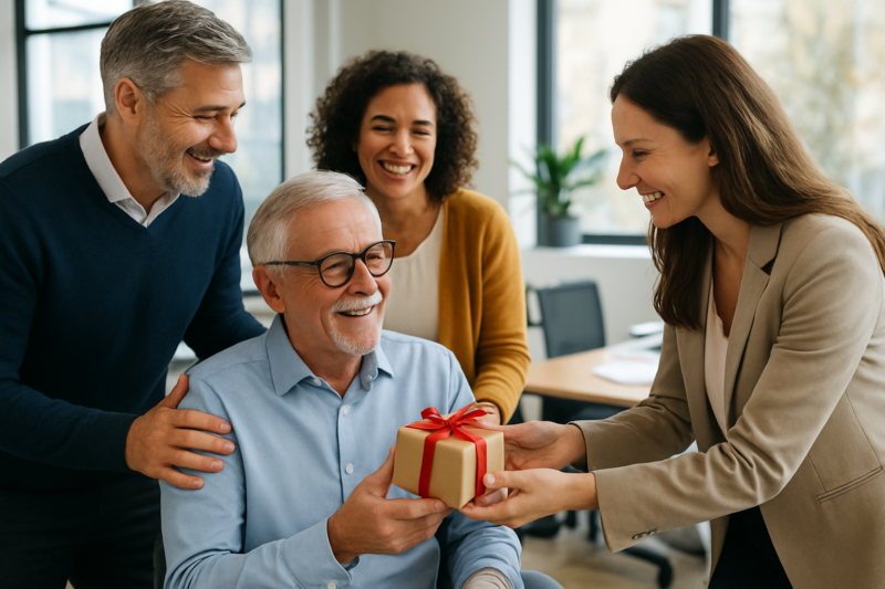 Colleghi salutano un collega che va in pensione con un regalo