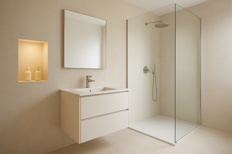 Idee per arredare un bagno piccolo con doccia walk-in e mobile sospeso