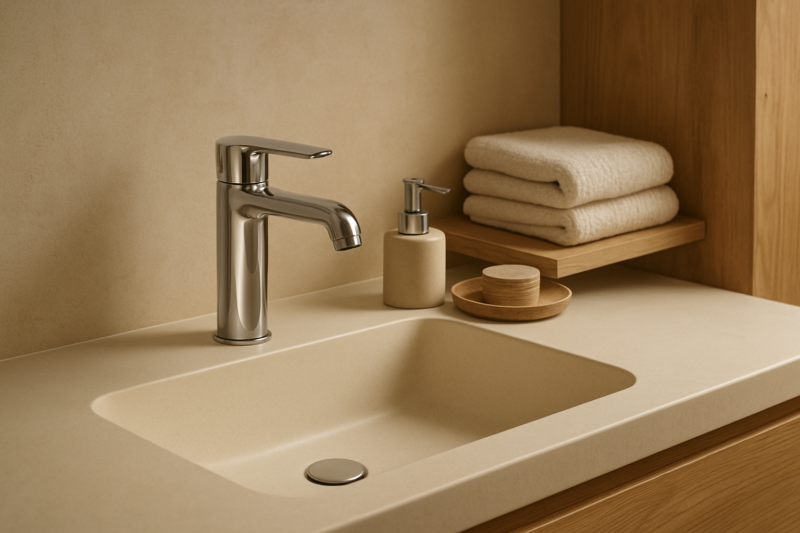 Zona lavabo con rubinetteria a risparmio idrico in bagno moderno