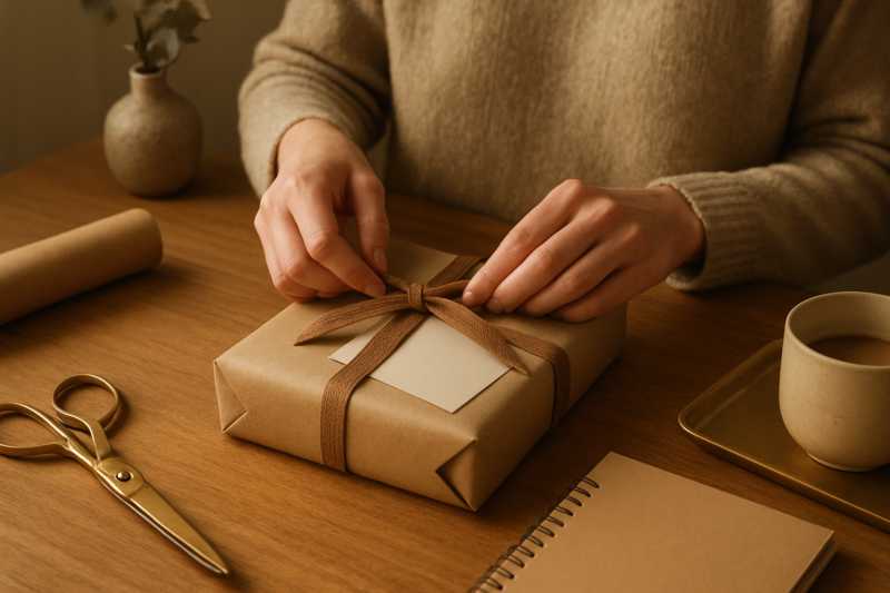 Preparazione di un regalo uomo personalizzato con confezione sostenibile