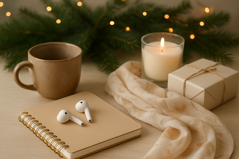 Selezione di idee regalo di Natale per donna su un tavolo