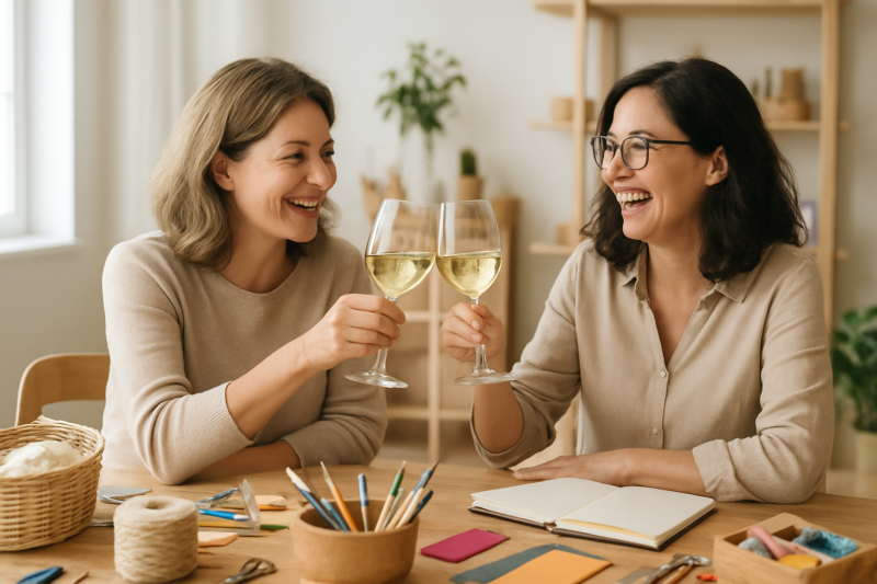 Due amiche condividono un'esperienza creativa regalata per il compleanno