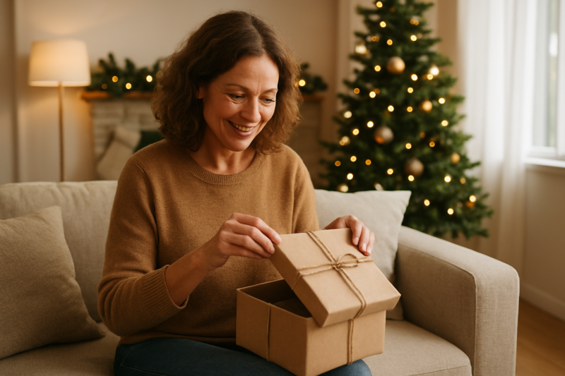 Donna che apre un regalo di Natale in un salotto decorato