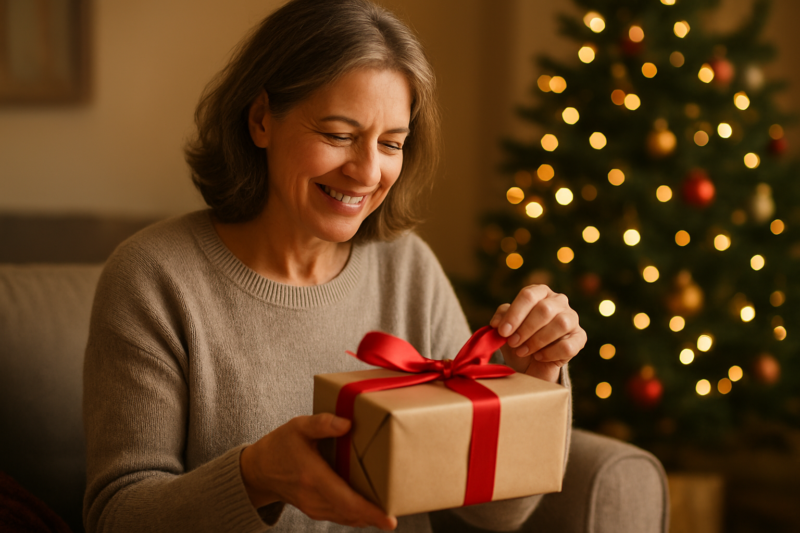 Donna che apre un regalo di Natale personalizzato in salotto