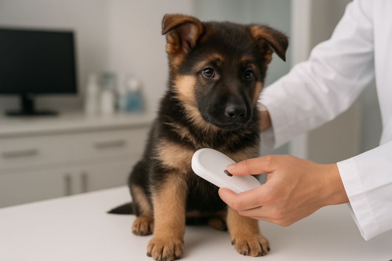 Controllo del microchip di un cucciolo di pastore tedesco dal veterinario