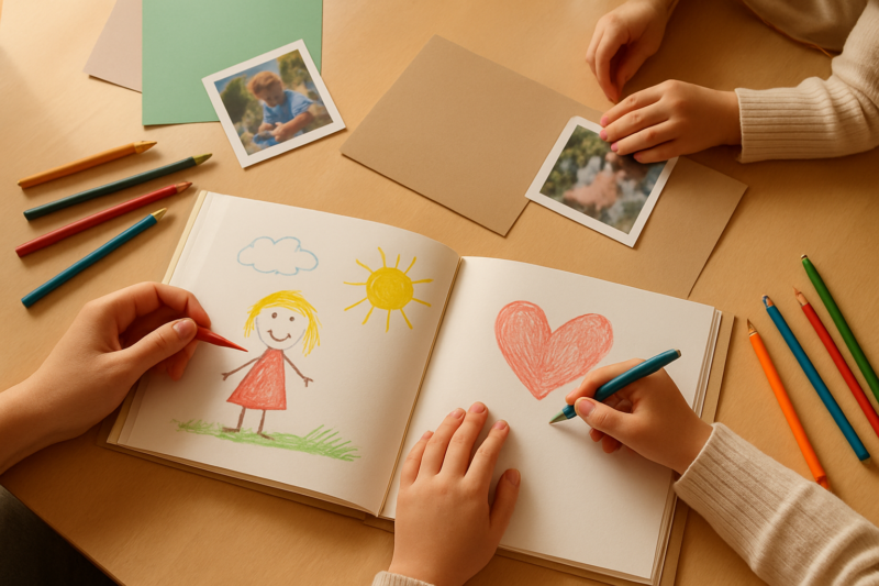 Preparazione di un album ricordo della classe per la maestra
