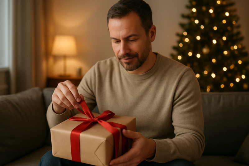 Uomo che apre un regalo di Natale utile in casa