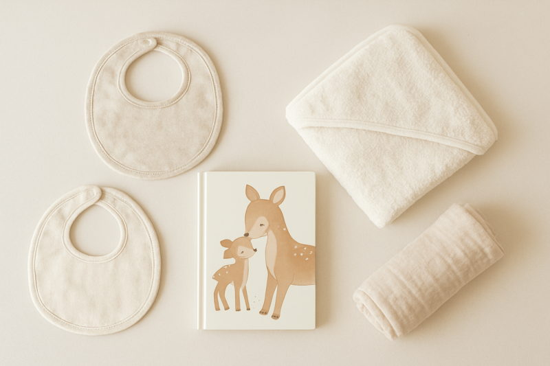 Kit regalo pratico con tessili e libro per neonato