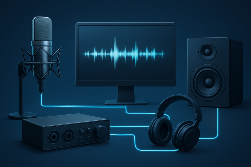 Flusso audio tra microfono interfaccia computer cuffie e monitor