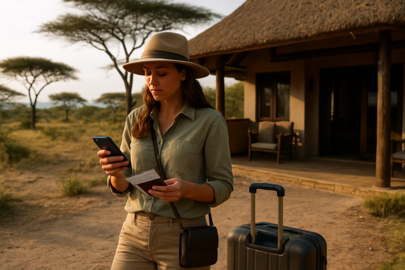 Viaggiatrice che prepara documenti e itinerario sicuro per la Tanzania