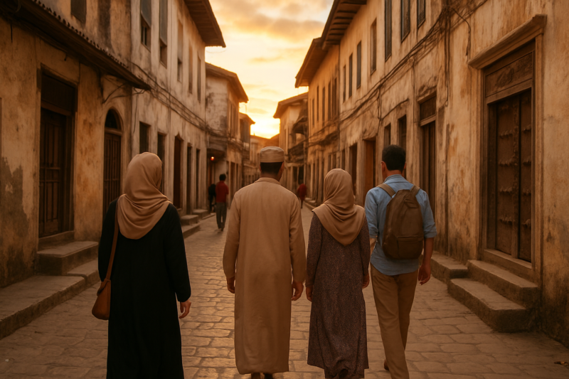 Viaggiatori a Stone Town Zanzibar durante un soggiorno responsabile