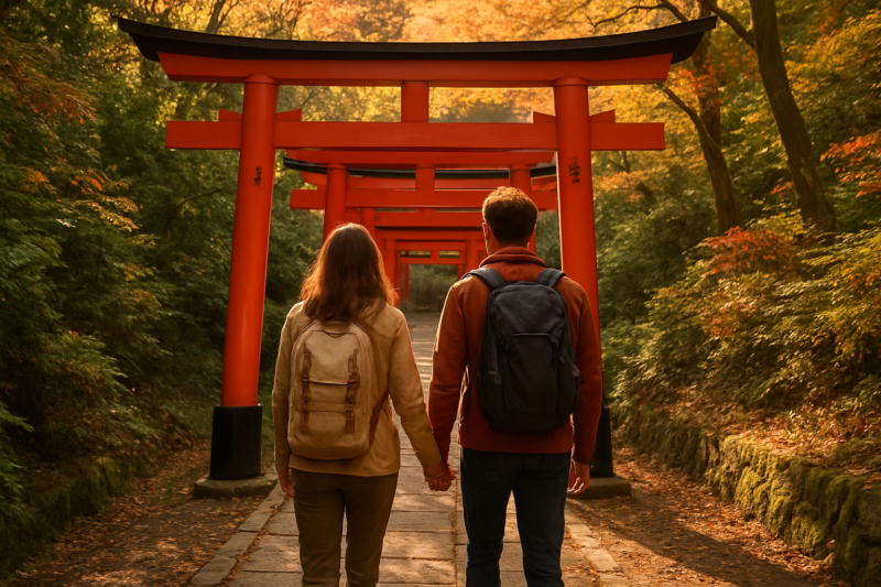 Viaggiatori durante un itinerario organizzato tra i santuari vicino Kyoto