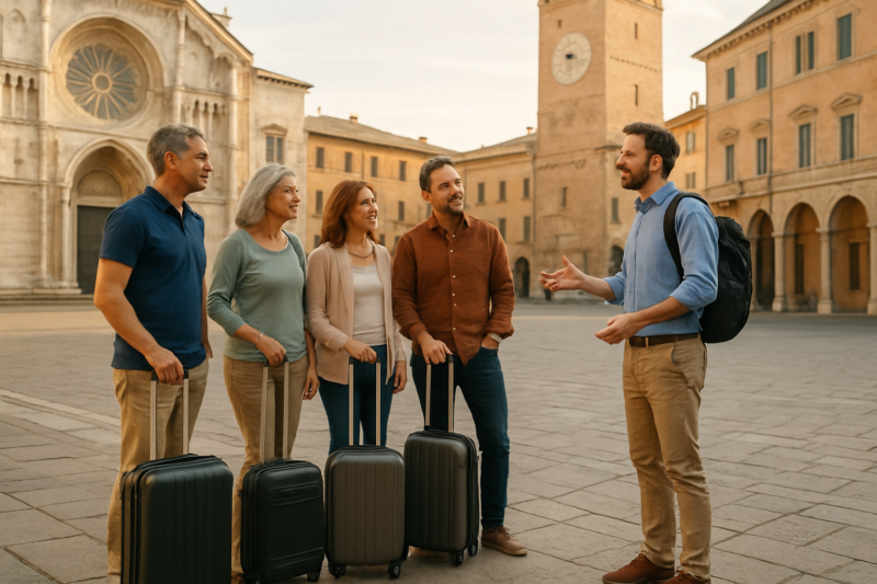 Gruppo accompagnato durante una visita in un tour in pullman