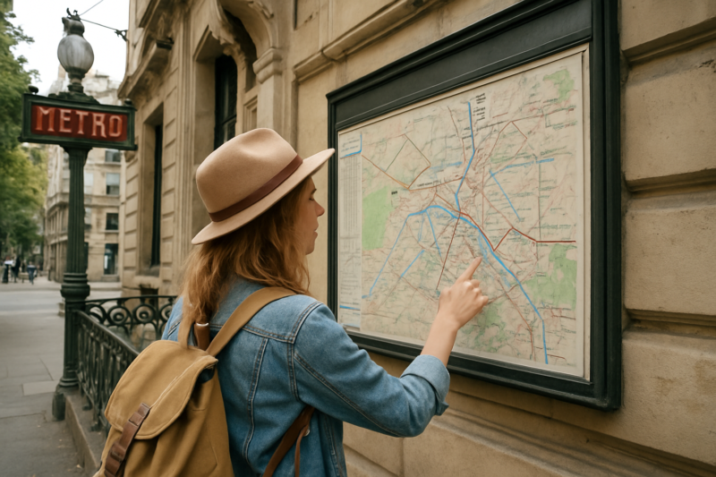 Viaggiatrice che pianifica gli spostamenti in metro a Parigi