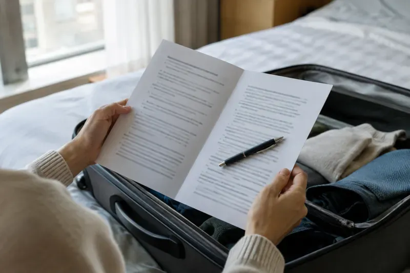 Mani che tengono un documento stampato di due pagine sopra una valigia aperta, con una penna appoggiata