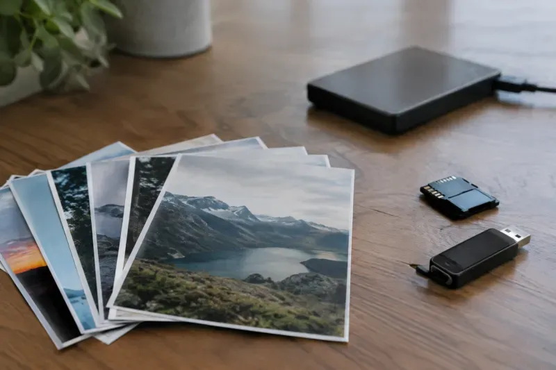 Fotografie stampate, una chiavetta USB e una scheda di memoria accanto a un disco esterno