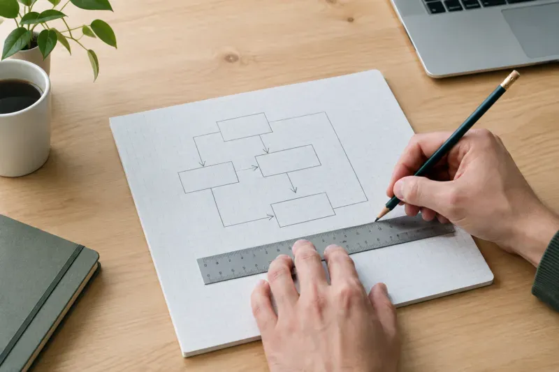 Mani che disegnano su carta quadrettata uno schema con riquadri e frecce, con righello e matita