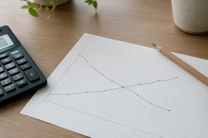 Calcolatrice, matita e carta quadrettata con un grafico a linee disegnato a mano su una scrivania