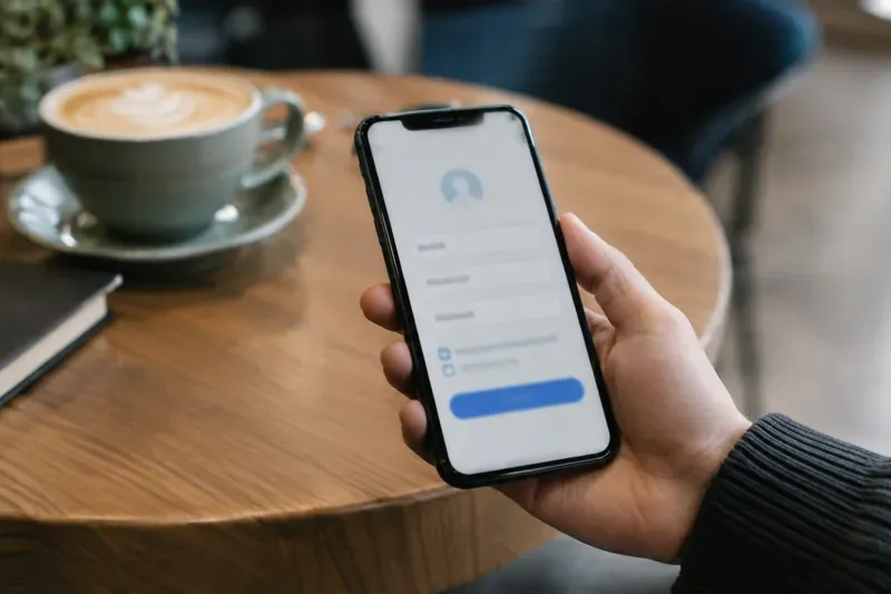 Mano che tiene uno smartphone con un modulo di iscrizione con una casella da spuntare
