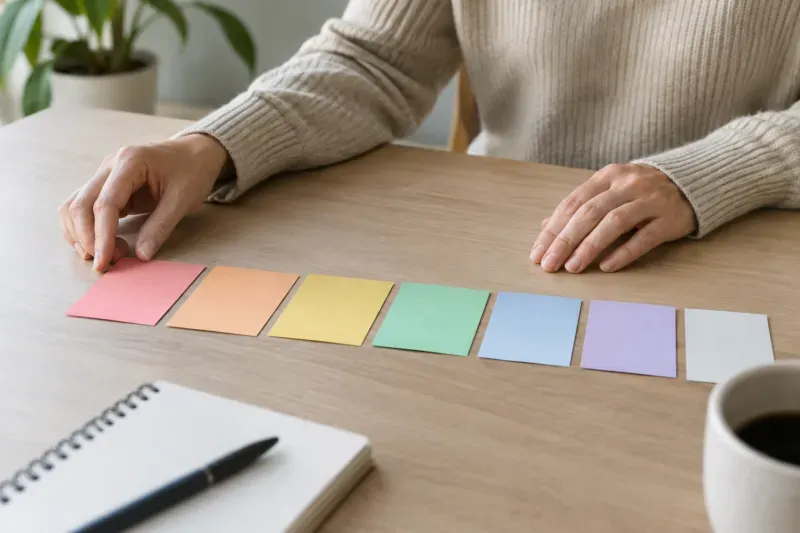 Mani che dispongono su un tavolo cartoncini colorati per pianificare le attività di marketing della settimana
