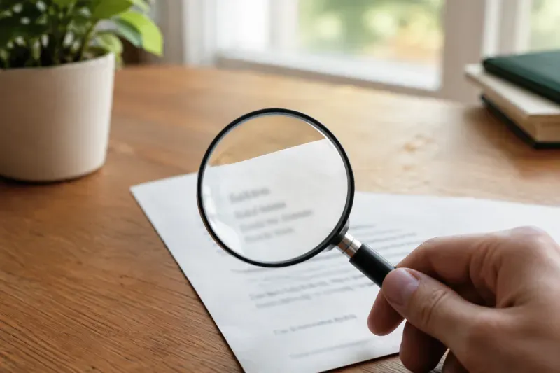 Lente d'ingrandimento sopra una lettera stampata per controllare con attenzione il mittente